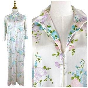 Vintage 70s Katz White Floral Nylon Maxi Zipper Grandma Housecoat Robe Size S